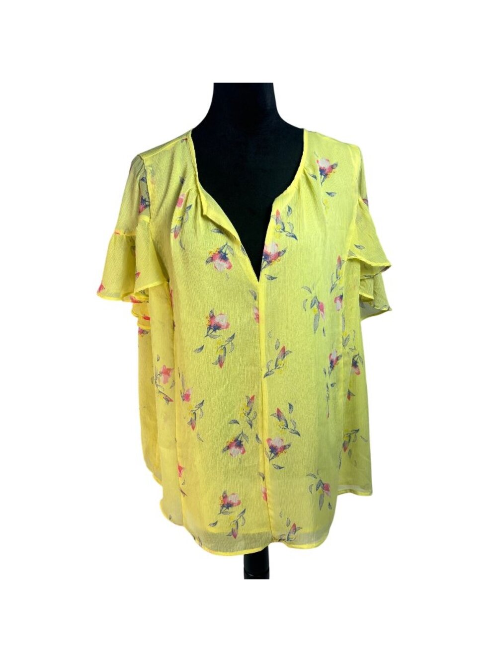 Ava & Viv Yellow Floral Flutter Sleeve V-Neck Blouse Plus Size 1X Boho Summer